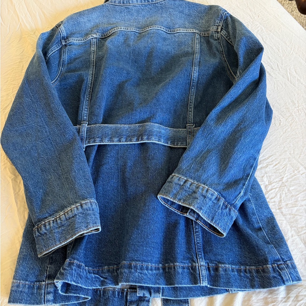 Denim Button-Front Jacket with Belt - Blue - Picture 9 of 10